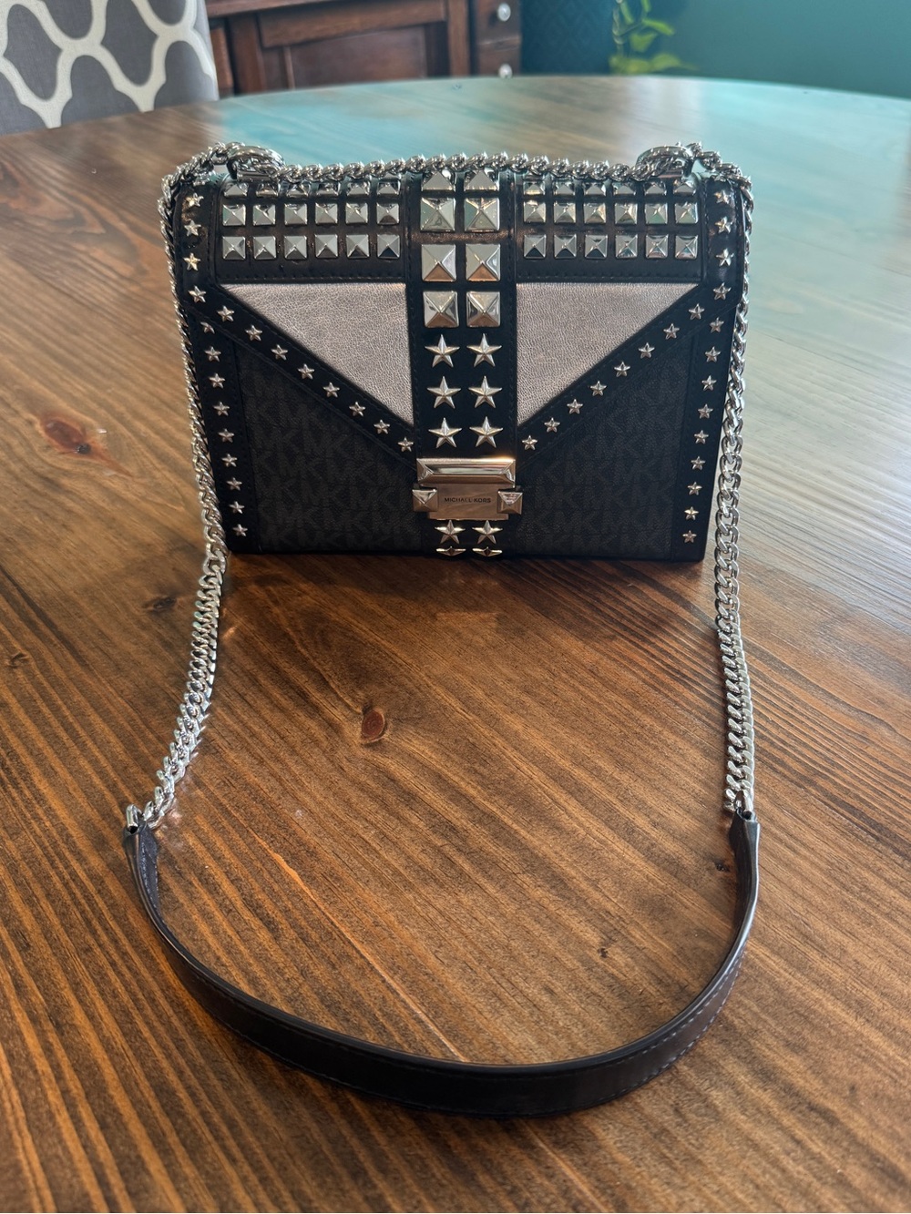 Michael Kors Black Studded Chain Crossbody Bag with Silver Accents